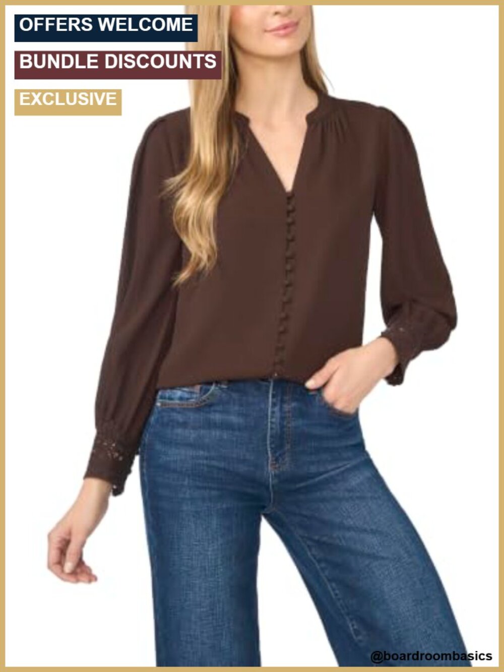Long Sleeve Button-Down Blouse with Lace Cuffs